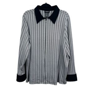 Avenue Womens Blouse Striped Collared Full Zip Long Sleeve‎ Black Gray Sz 26/28